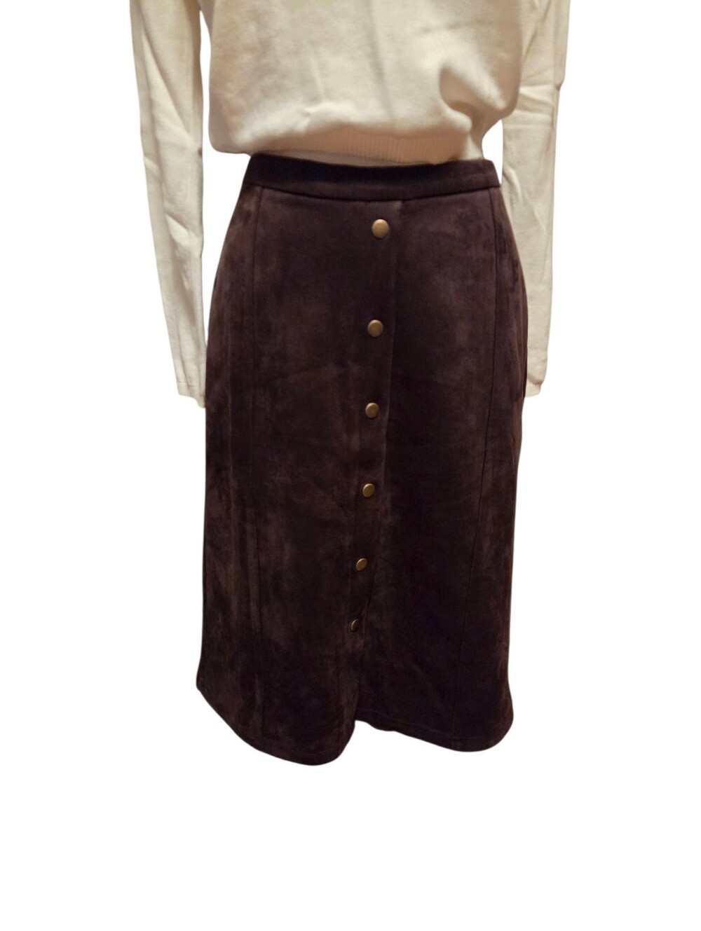 Westport Classic Faux Button-Front Brown Faux Suede Midi Skirt